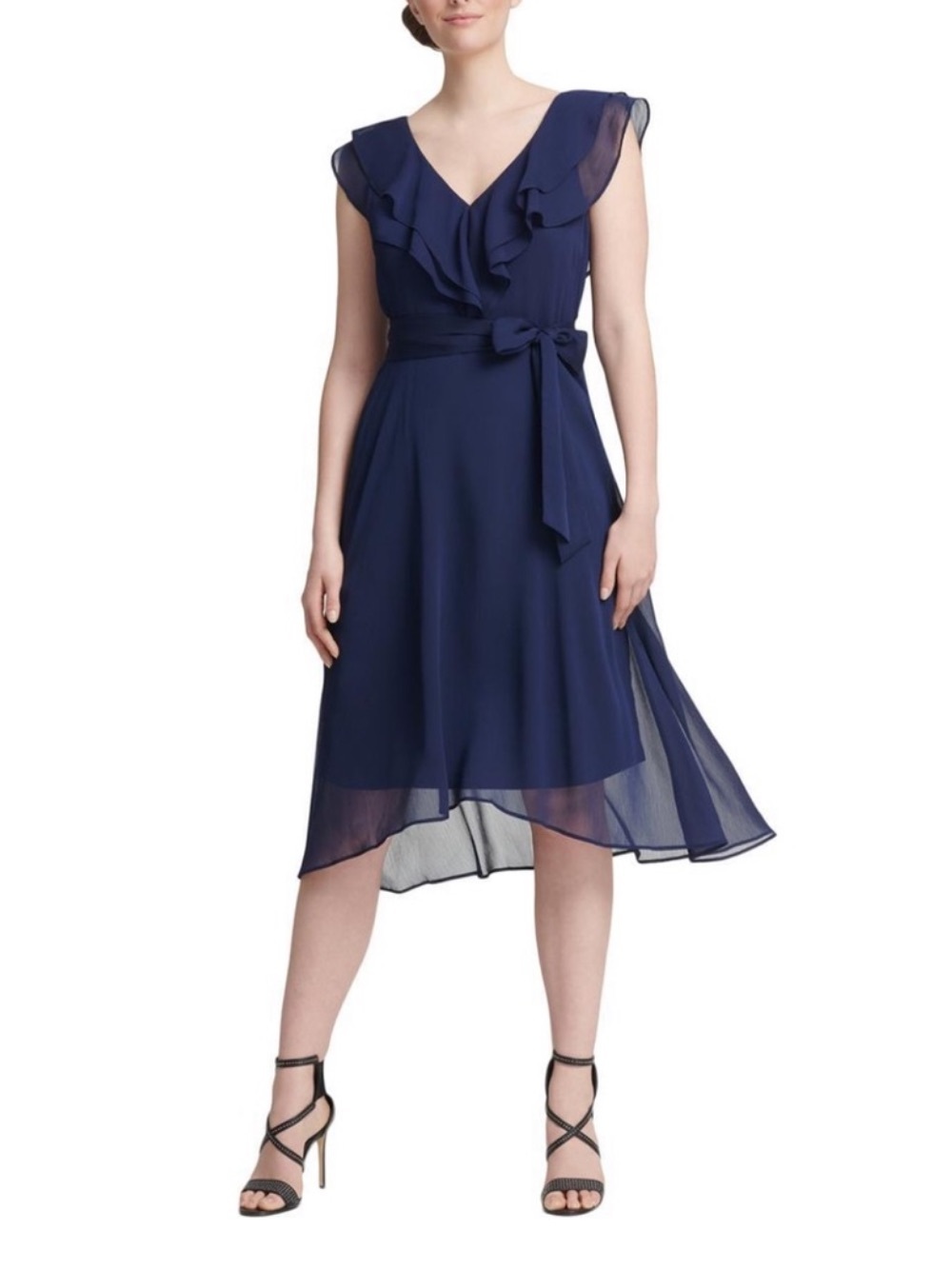 DKNY Navy Blue Ruffle Midi Dress Romantic Occasion Wedding Guest Coastal Chic 16